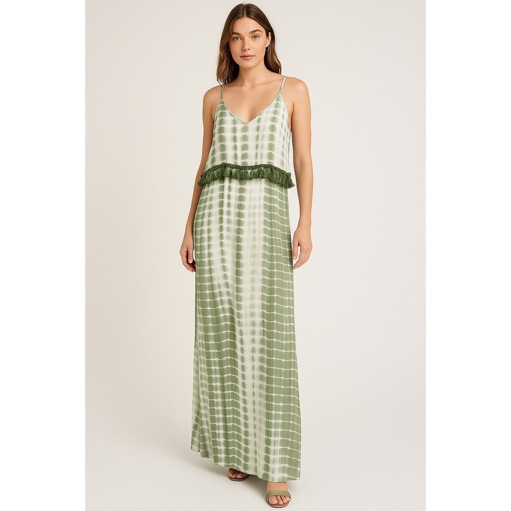 Strut & Bolt Green Tie Dye Fringe‎ Trim Maxi Dress Boho Beach Spaghetti Strap S
